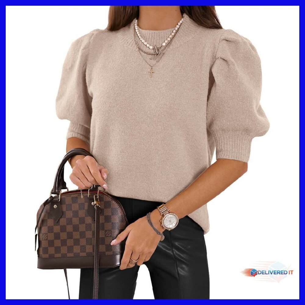 Puff Sleeve Knit Sweater Top Crew Neck Casual Blouse Lightweight